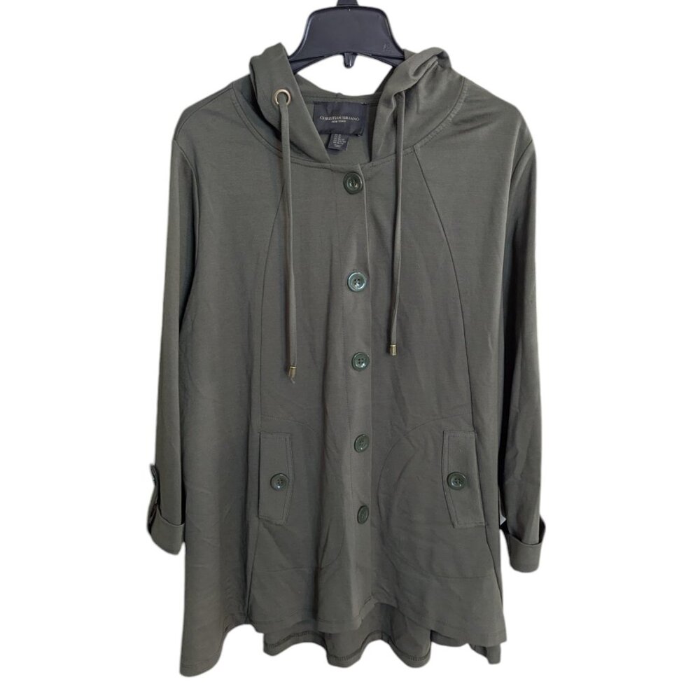 Christain Siriano button front hooded jacket, green, size 1X